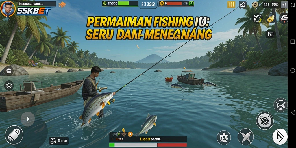 Tampilan gameplay seru dalam 55KBET dengan berbagai ikan yang menunggu untuk ditangkap.