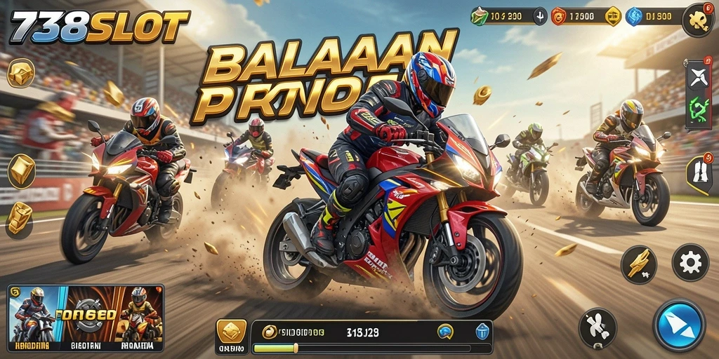 Screenshot 738SLOT menunjukkan aksi balapan motor yang mendebarkan.