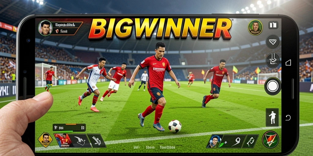 Screenshot BIGWINNER menunjukkan aksi seru di lapangan sepak bola.