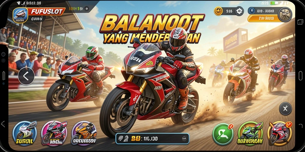 Tampilan gameplay yang mendebarkan dalam FUFUSLOT dengan motor balap.