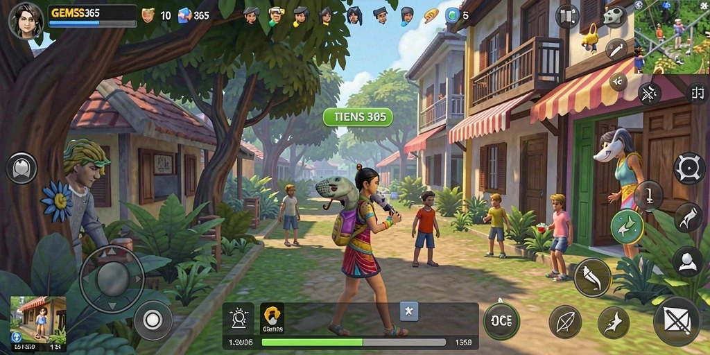 Screenshot gameplay GEMS365 yang menampilkan interaksi karakter.