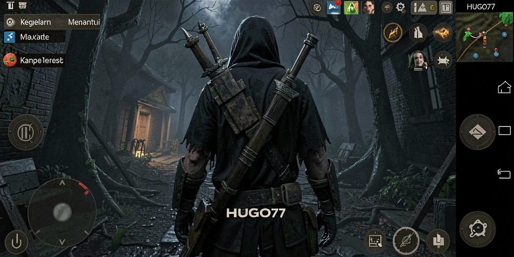 Tampilan gameplay menegangkan di HUGO77 dengan suasana Horror yang gelap.