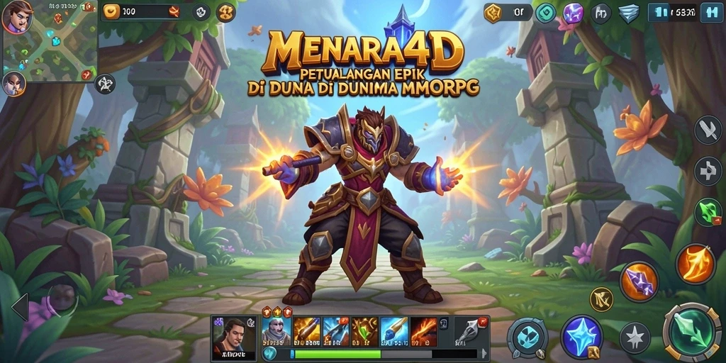 Screenshot utama MENARA4D menunjukkan pertempuran seru di dunia MMORPG.