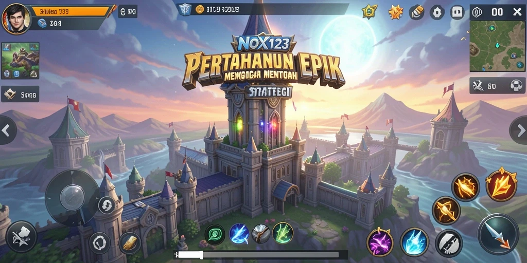 Tampilan gameplay epik dalam NOX123 dengan menara dan musuh yang beragam.