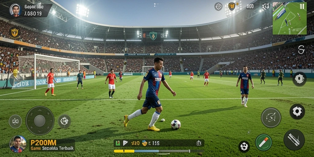 Screenshot gameplay P200M dengan suasana lapangan sepak bola yang intens.