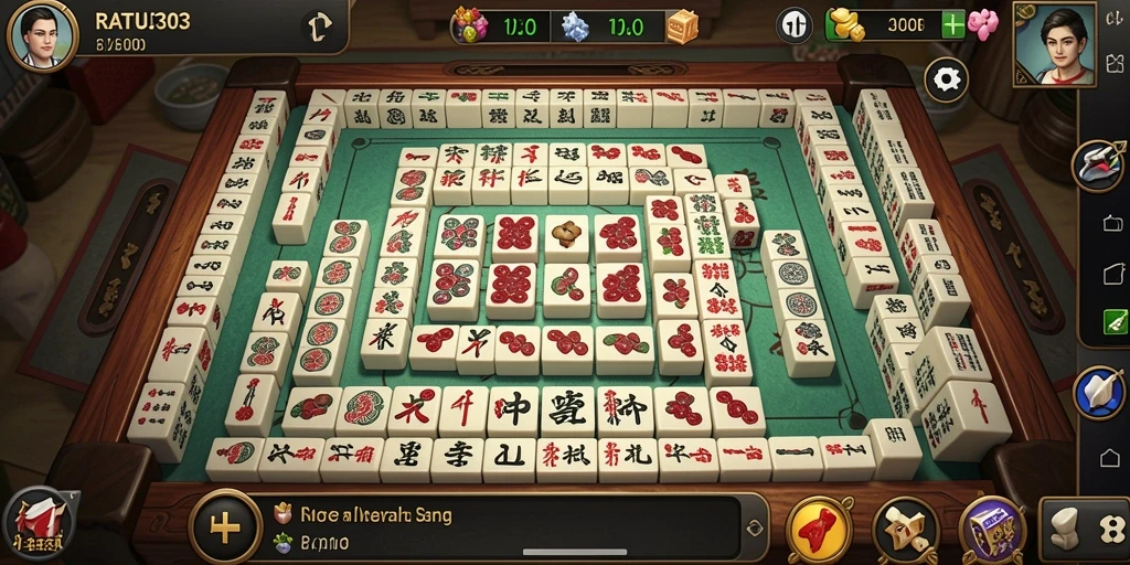 Tampilan gameplay menakjubkan dari RATU303 dengan ubin Mahjong yang berwarna-warni.