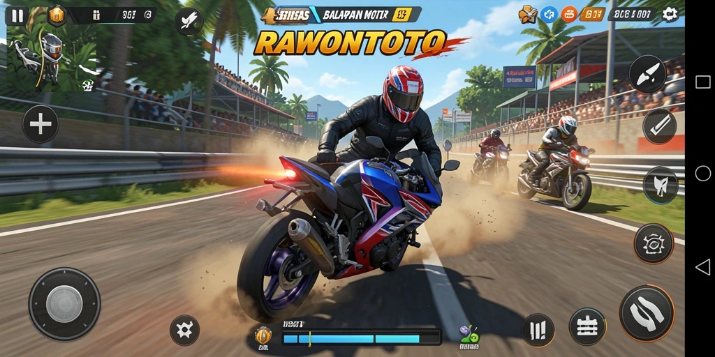 Tampilan gameplay balapan motor yang seru dan mendebarkan.
