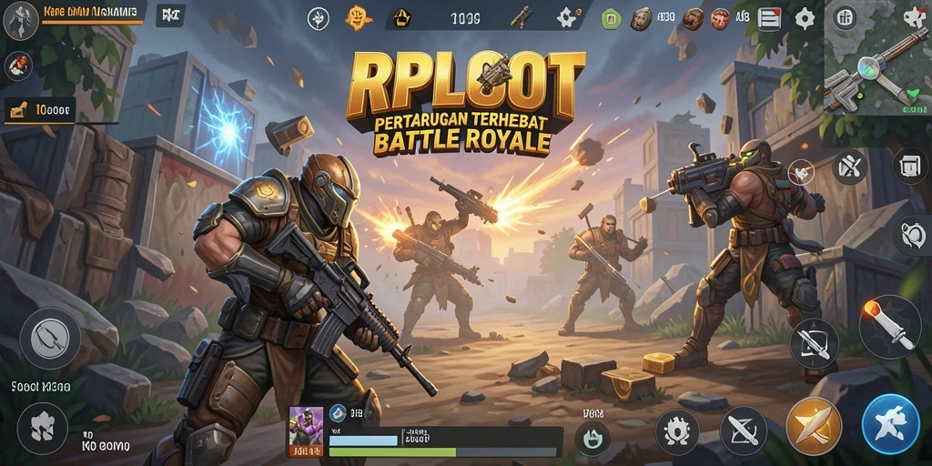 Screenshot gameplay RPLOOT menampilkan pertarungan intense di arena Battle Royale.